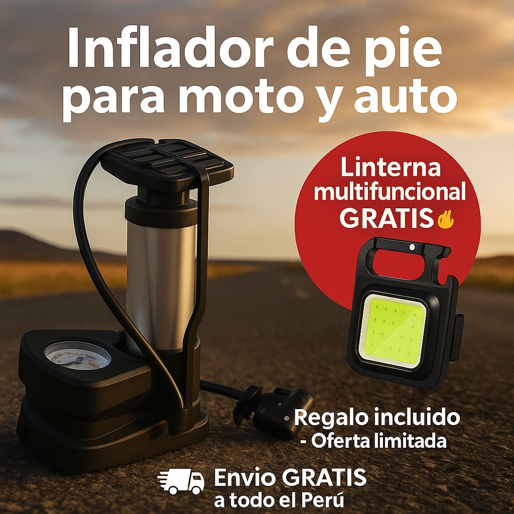 Inflador de Neumáticos para pie + Linterna Llavero Multifuncional 🎁